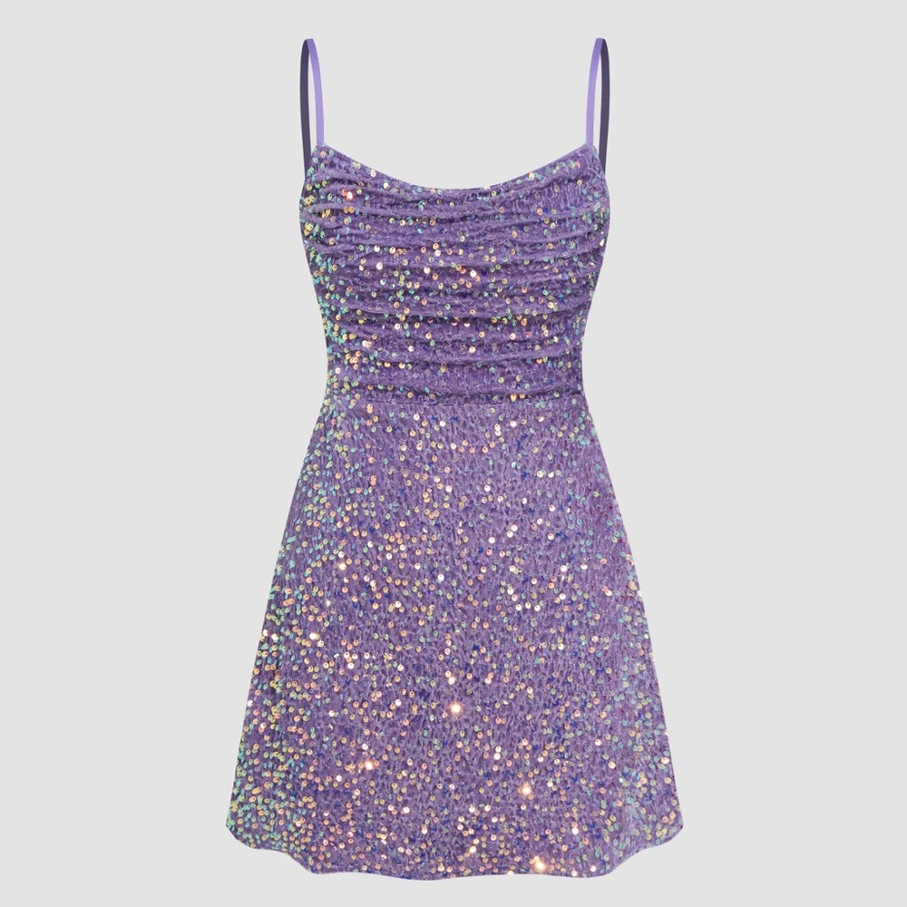 NWT Cider US S Purple Sequin Solid Cut Out Ruched Mini Dress